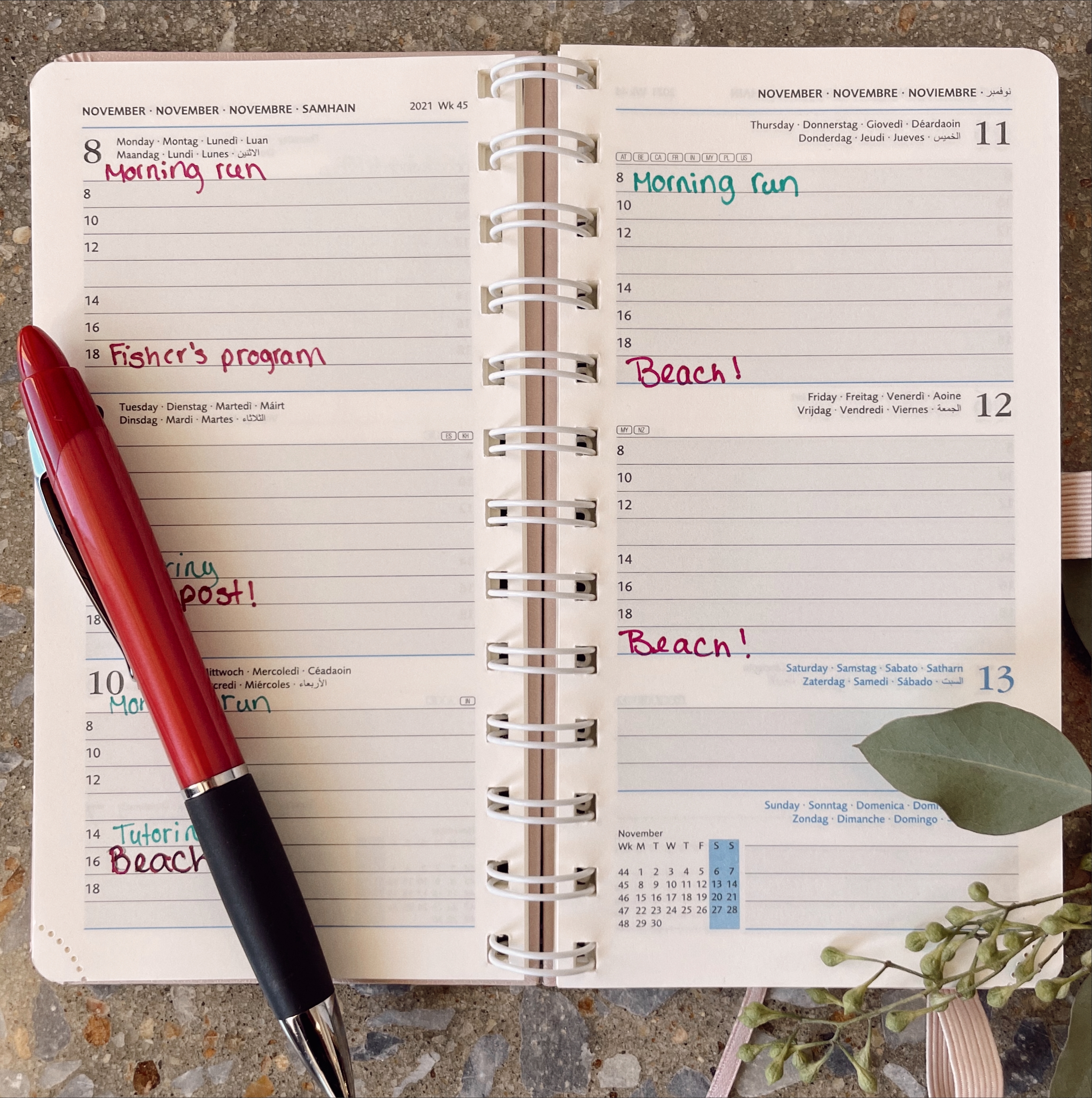 Planner and red pen with different events written in for managing time  while homesteading 