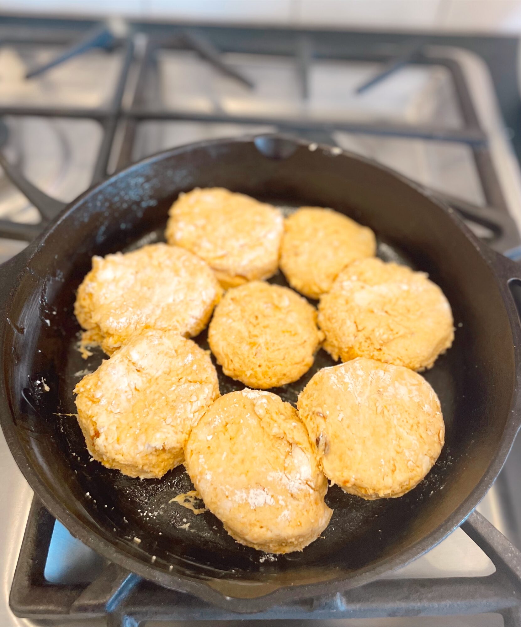 Sweet potato biscuits in a cast iron skillet 