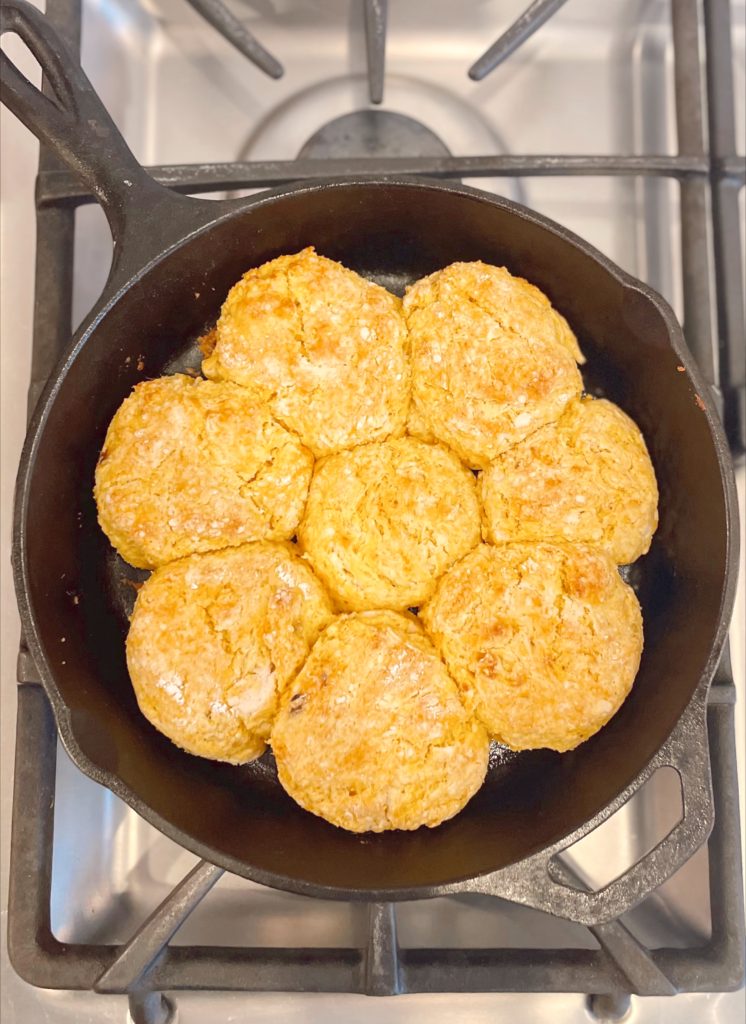 Sweet potato biscuits in cast iron skillet 
