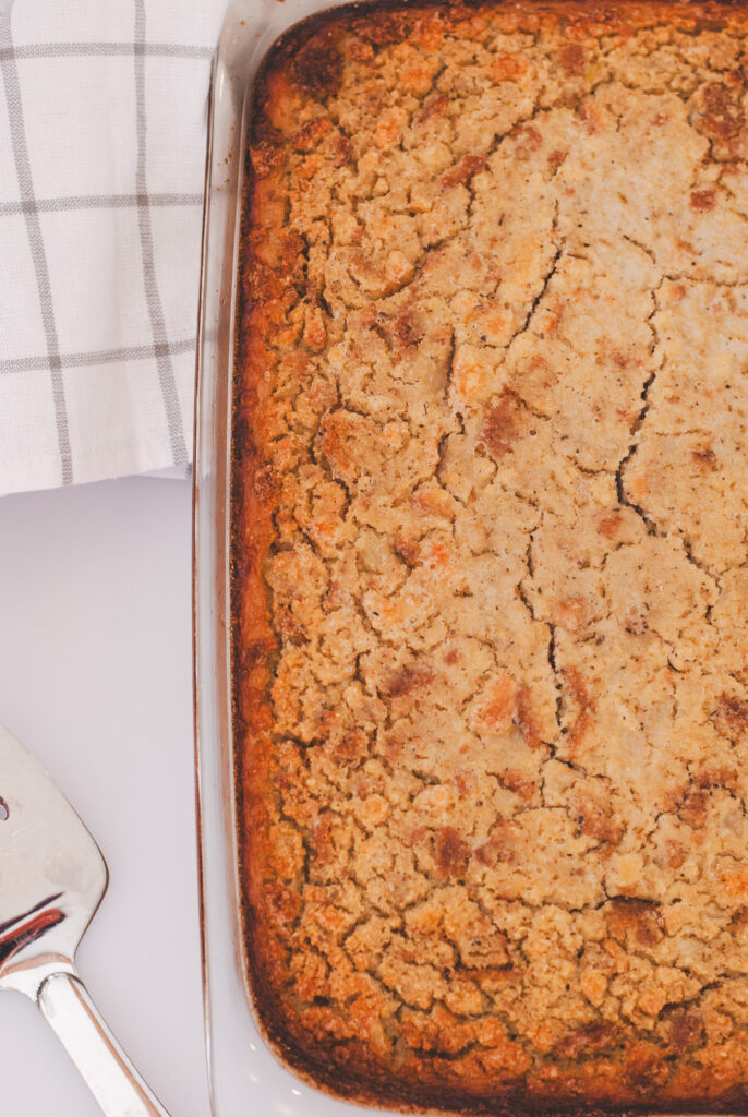 cornbread dressing in a casserole dish. Thanksgiving recipe 