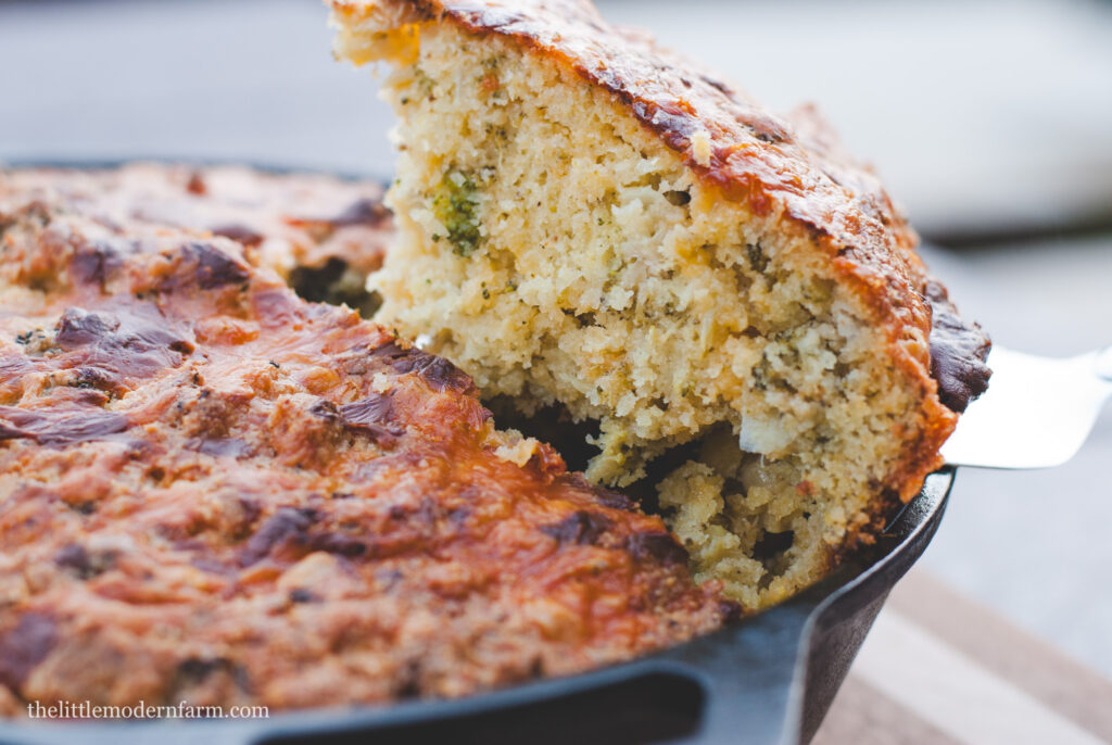 Slice of bread in cast iron skillet. 