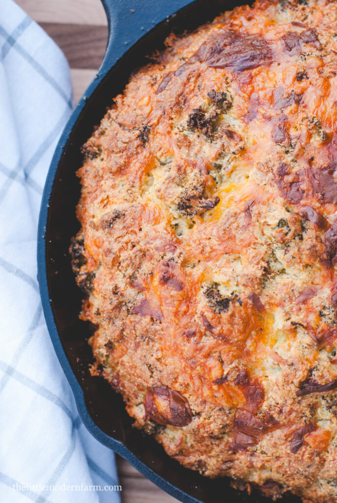 Broccoli cheese bread in a cast iron skillet 