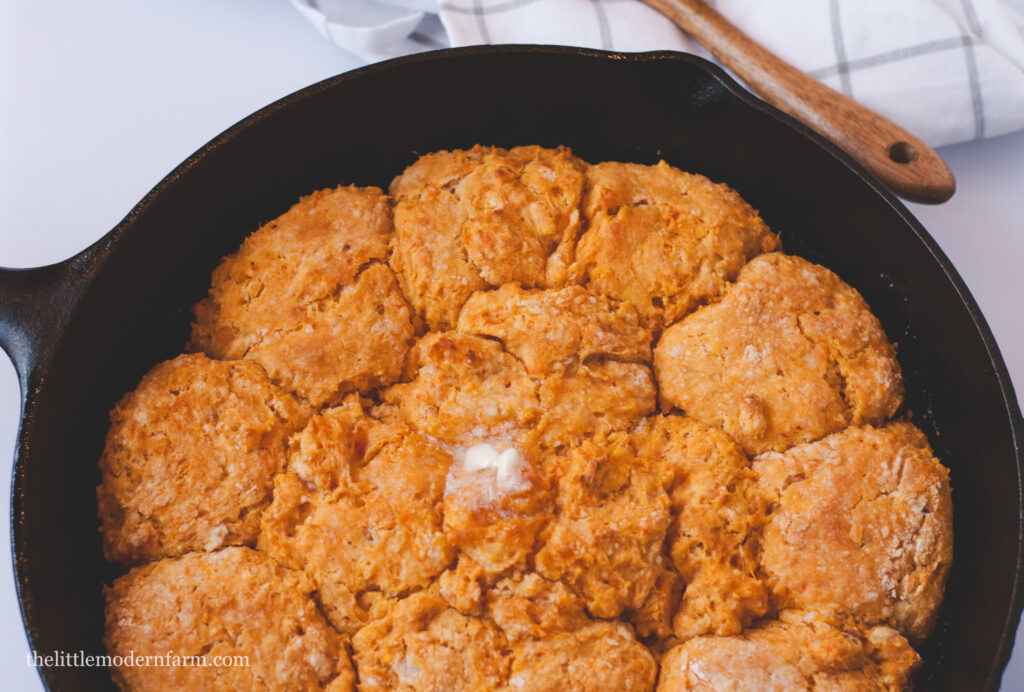 Sweet potato biscuits in a cast iron skillet. 