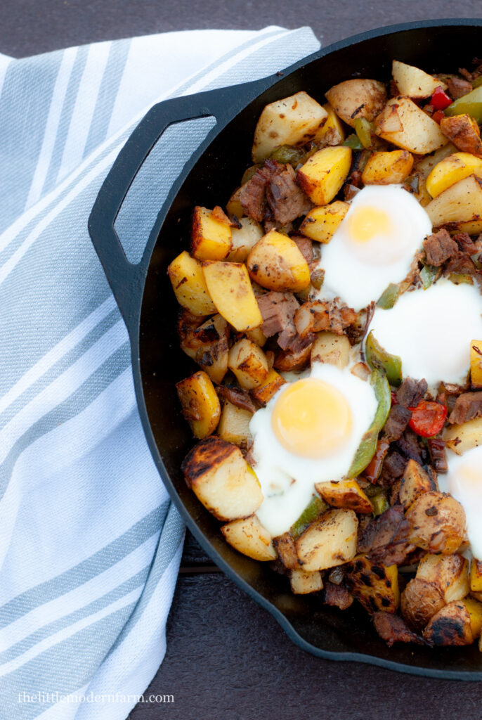Beef brisket hash in a cast iron skillet 