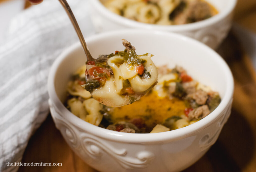 Sausage tortellini soup in a white bowl with a spoon. 