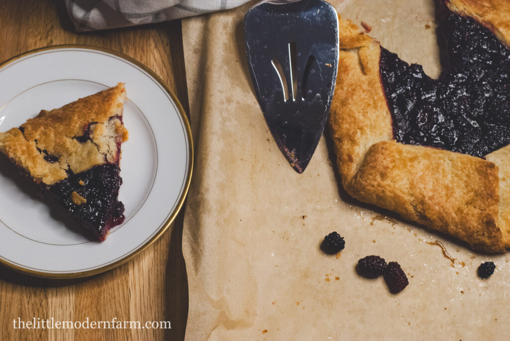 blueberry galette on a table with a slice. Thanksgiving recipe 