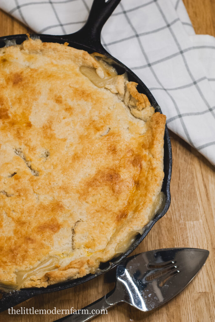 Chicken pot pie in a cast iron skillet on a counter top 