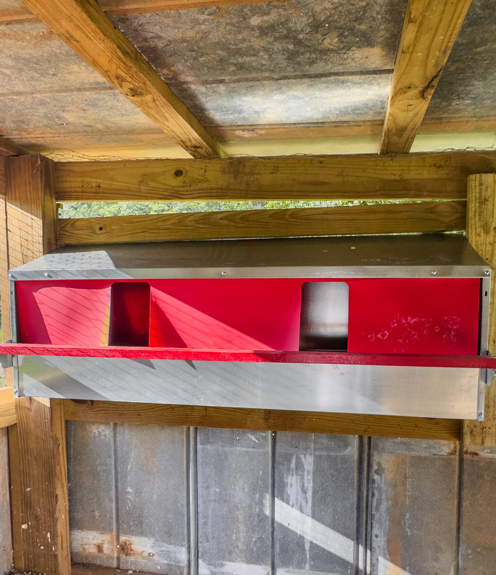 long metal nesting box with red curtain and perch