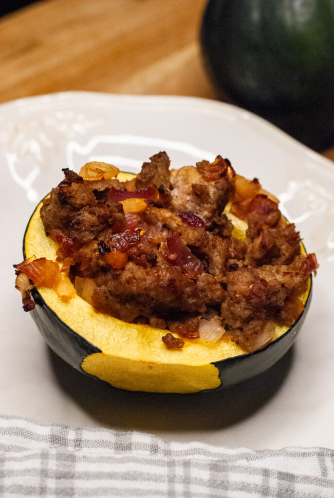 Stuffed acorn squash on a plate 